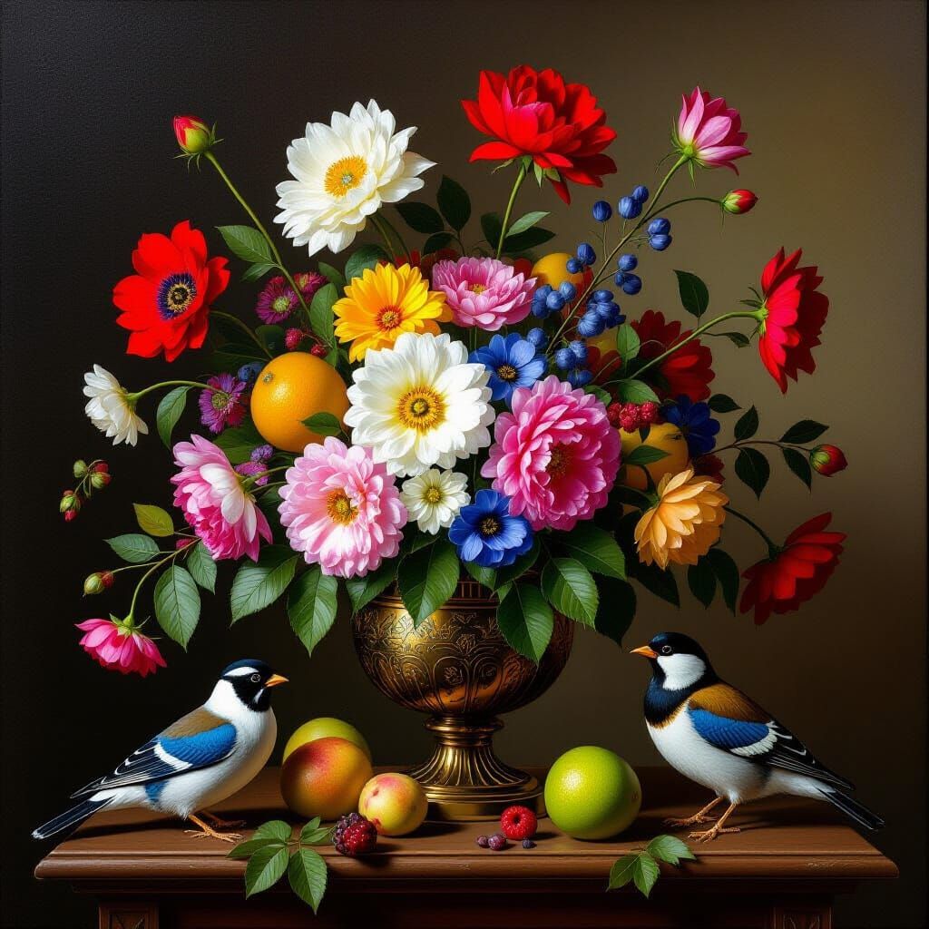 Floral Still Life with Game Birds in Dutch Style
