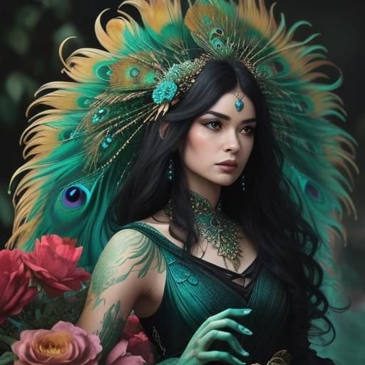 Dragon Peacock Woman in Abstract Expressionist Garden