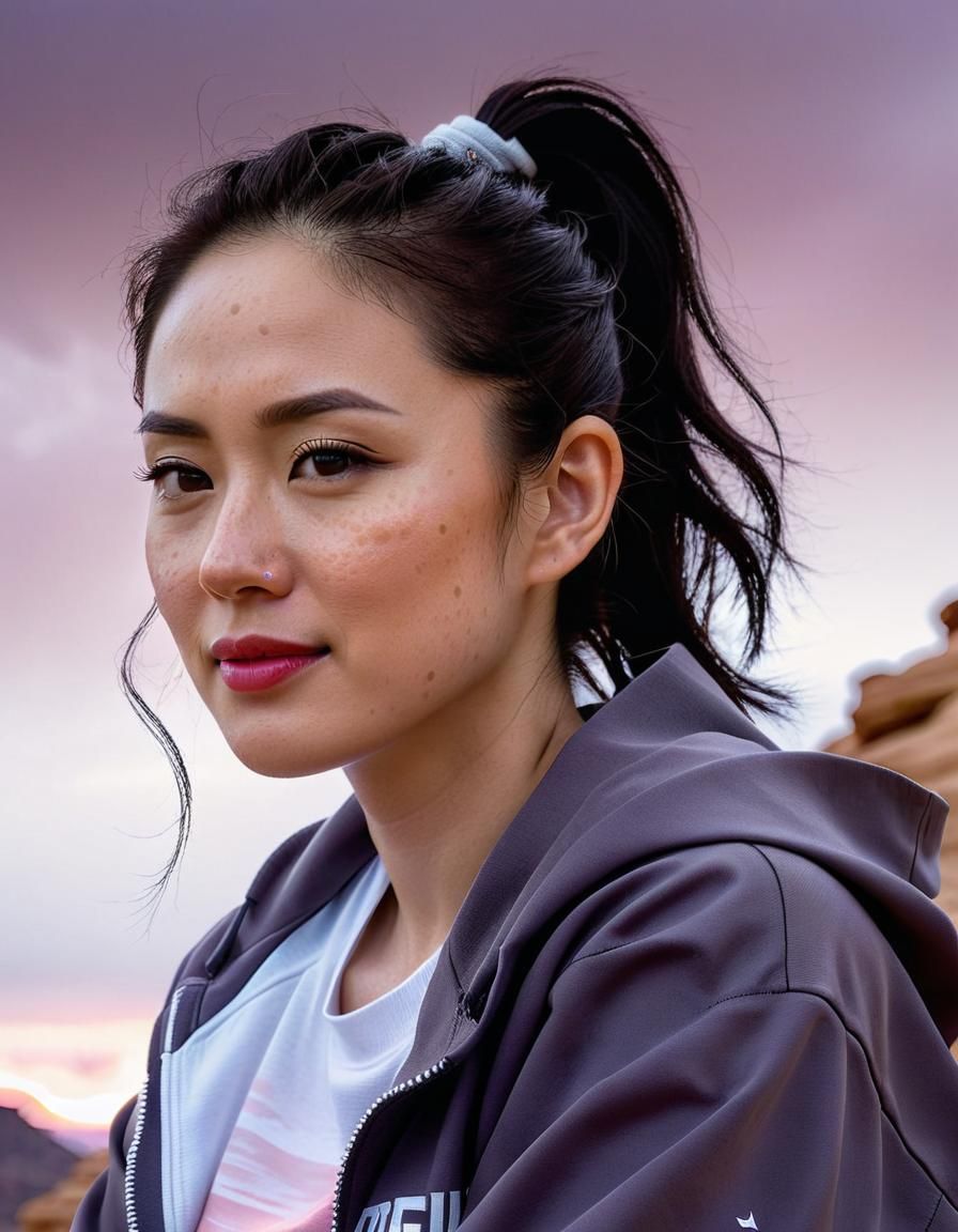 Korean Woman in Desert Canyon: Chiaroscuro Oil Painting