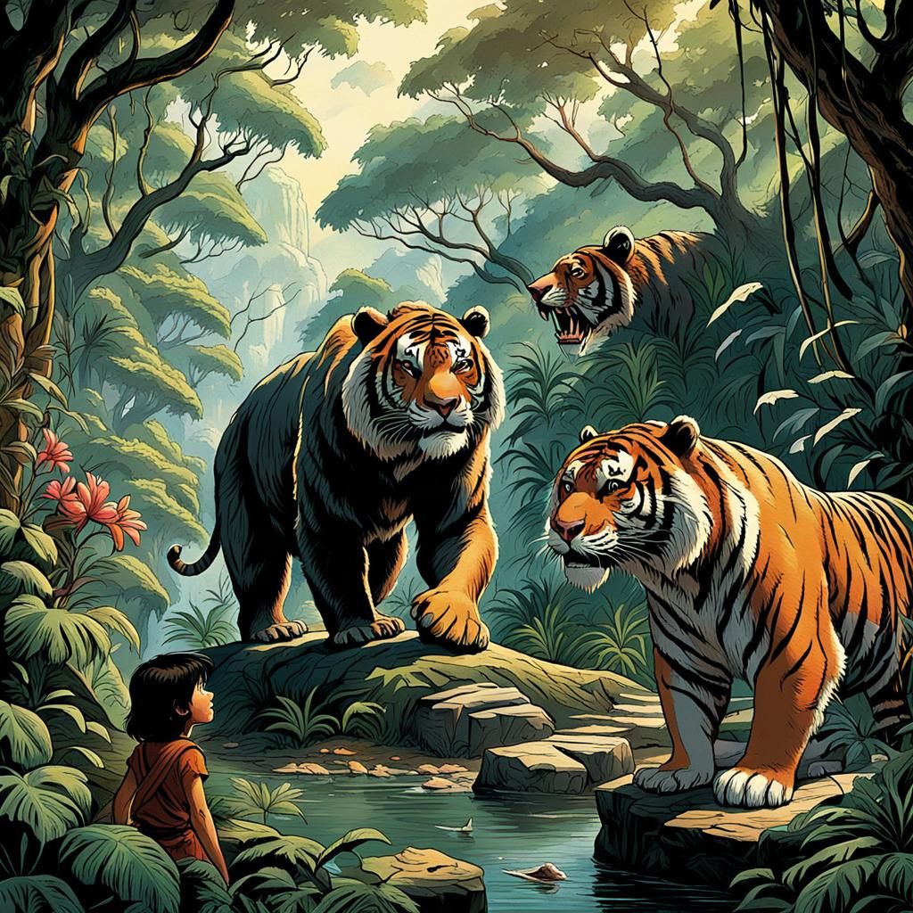 Mowgli, Baloo, and Shere Khan in the Jungle