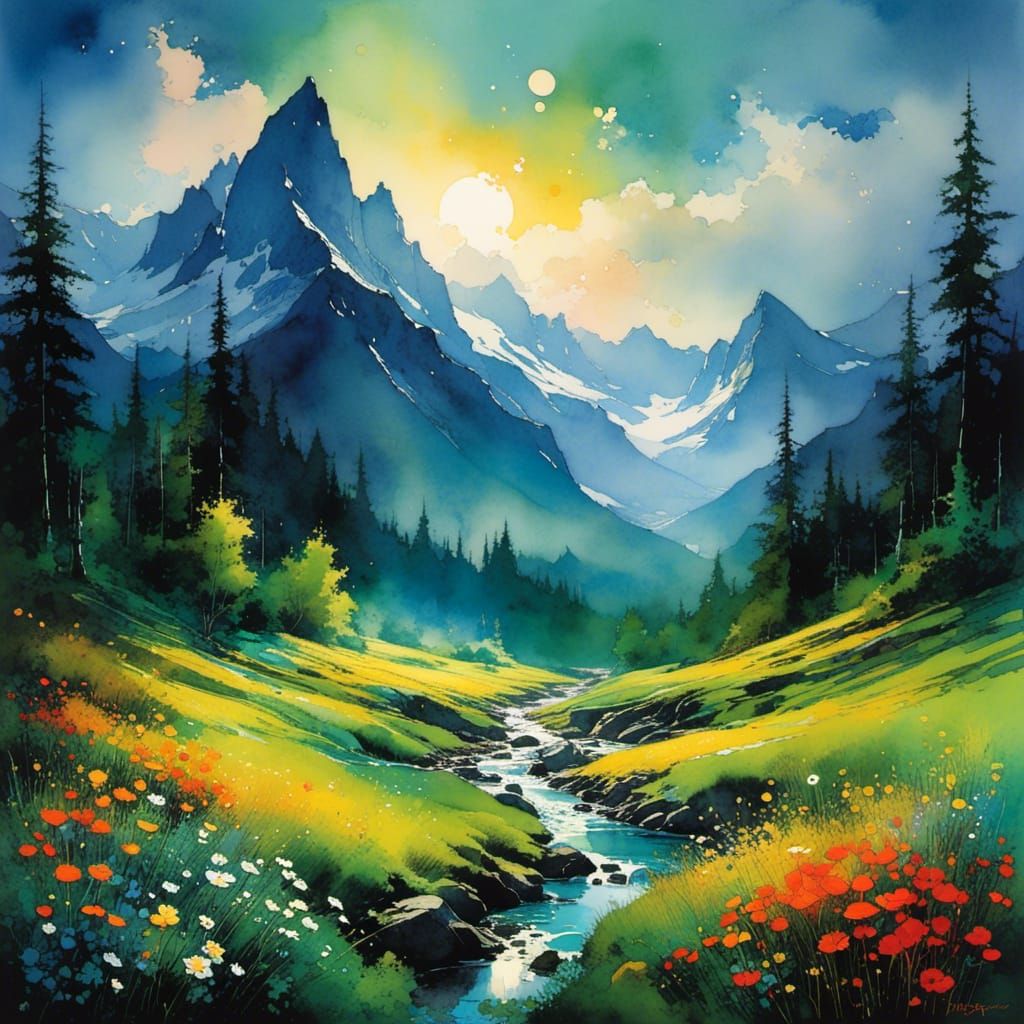 Magical Misty Valley Painting in Klimt Mosaic Style