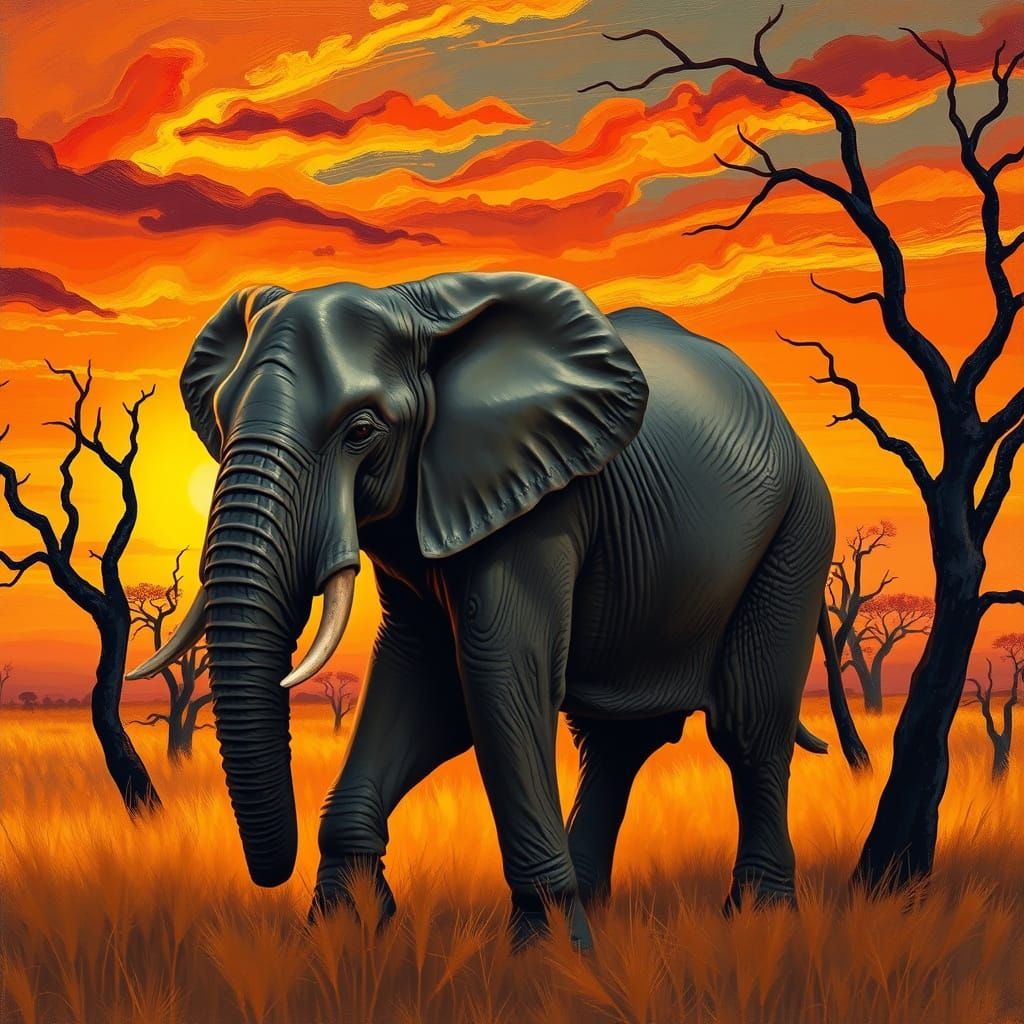 Surrealistic African Elephant Silhouette at Sunset