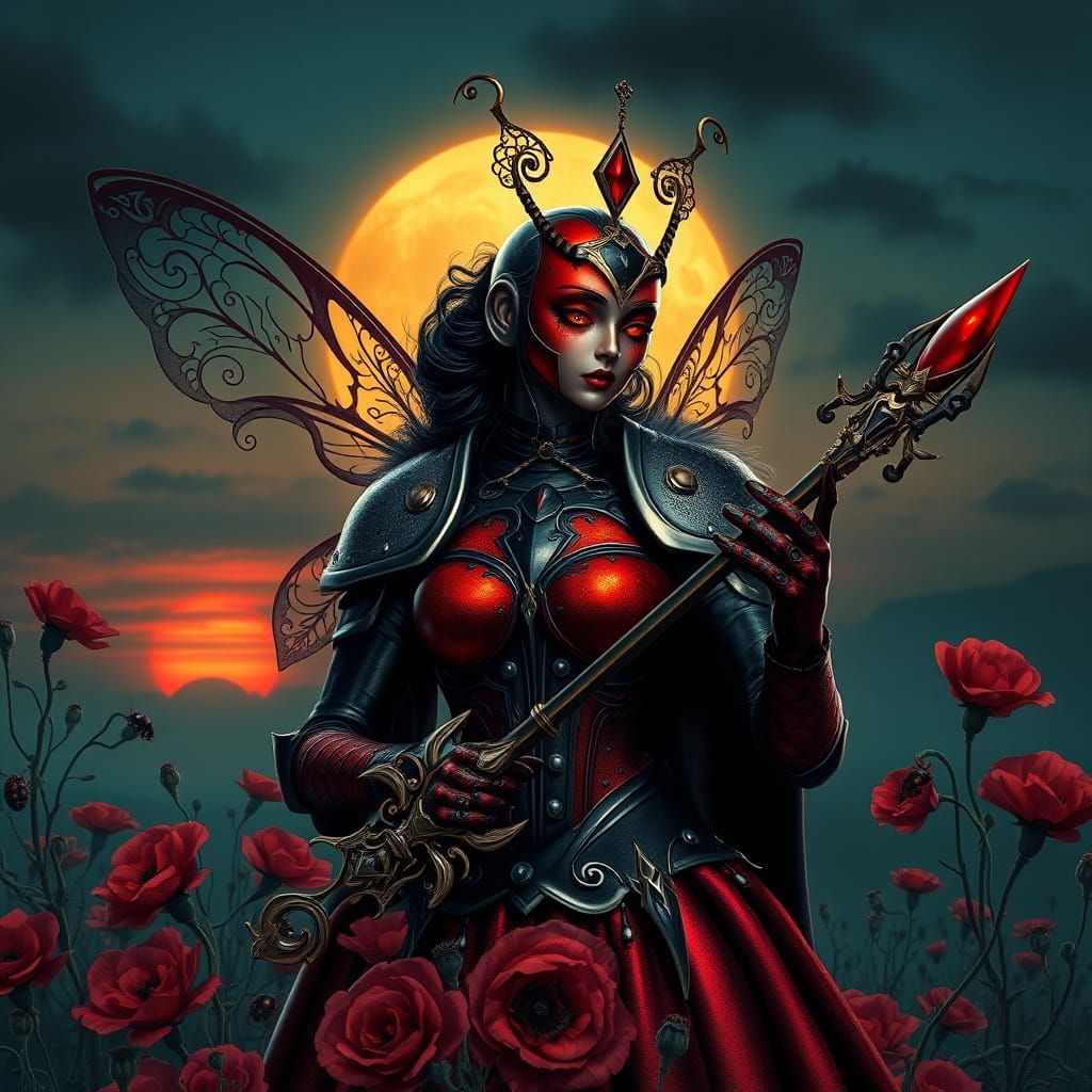 Gothic Ladybug Queen in Metallic Armor, Whimsical Fantasy Sc...