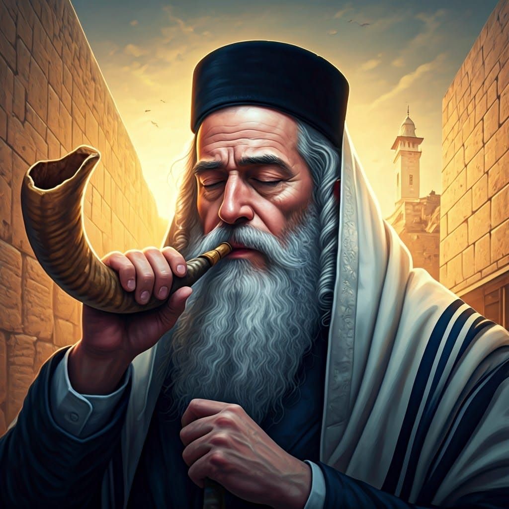 Hasidic Man Blowing Shofar at Western Wall
