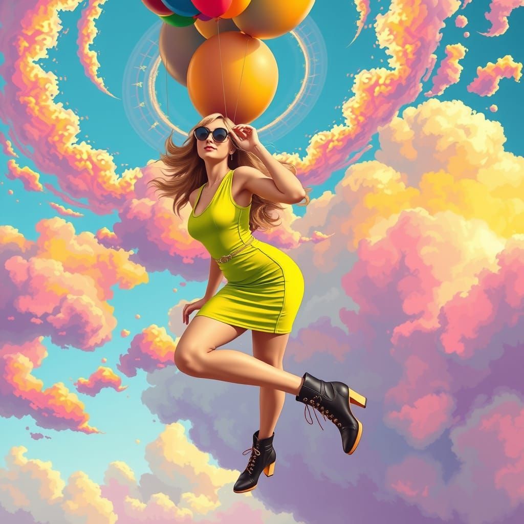 Woman in Lime Green Dress Rises into Psychedelic Clouds with...