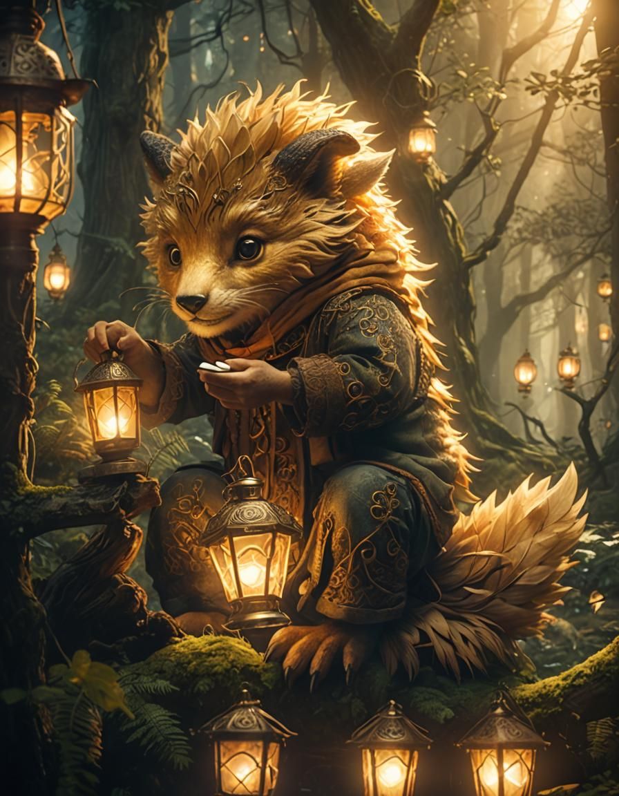 Boy Reading by Lantern in Mystical Forest