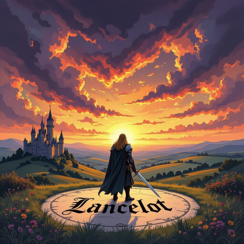 Lancelot Before Castle in Naif Fantasy Style