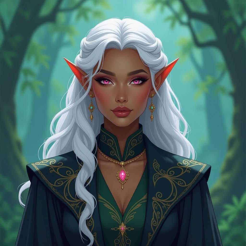 Majestic Dark-Skinned Elf in Mystical Forest