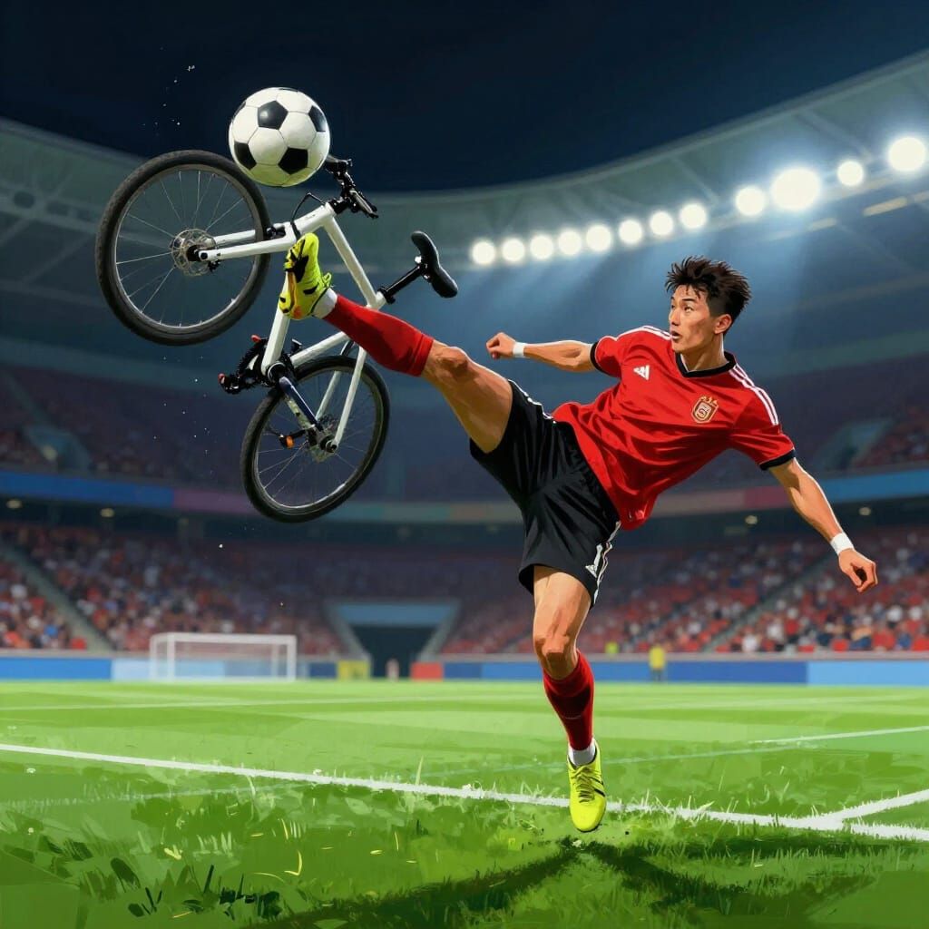 Soccer Player Executes Bicycle Kick in Digital Painting Styl...