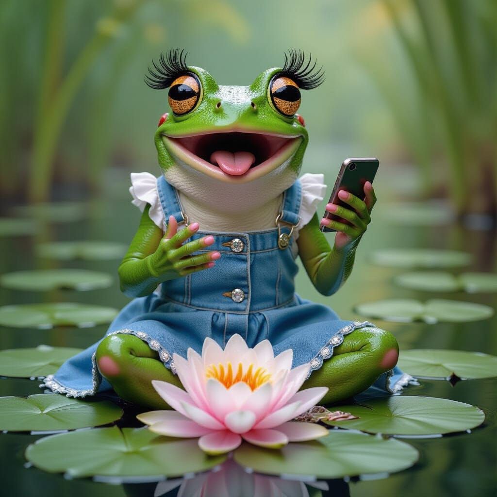 Surprised Frog in Denim Dress on Water Lily