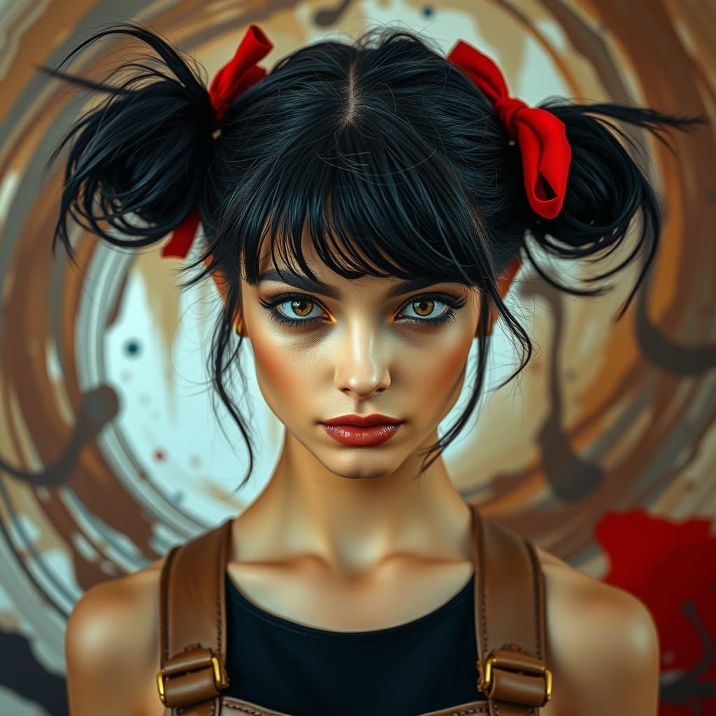 Striking Portrait of a Woman with Crimson Hair Ties