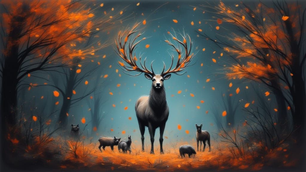 Majestic Stag Amidst Autumn Leaves and Stars