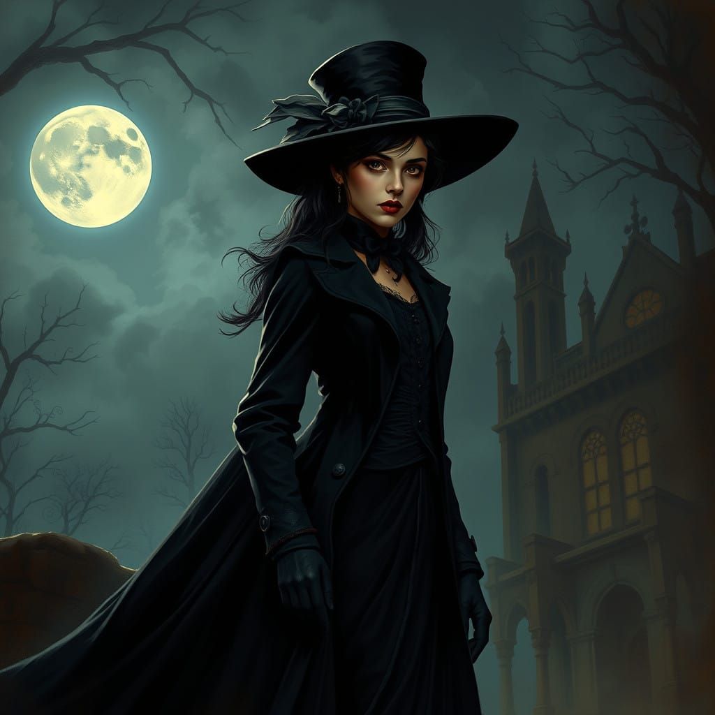 Mysterious Victorian Woman in Gothic Horror Atmosphere