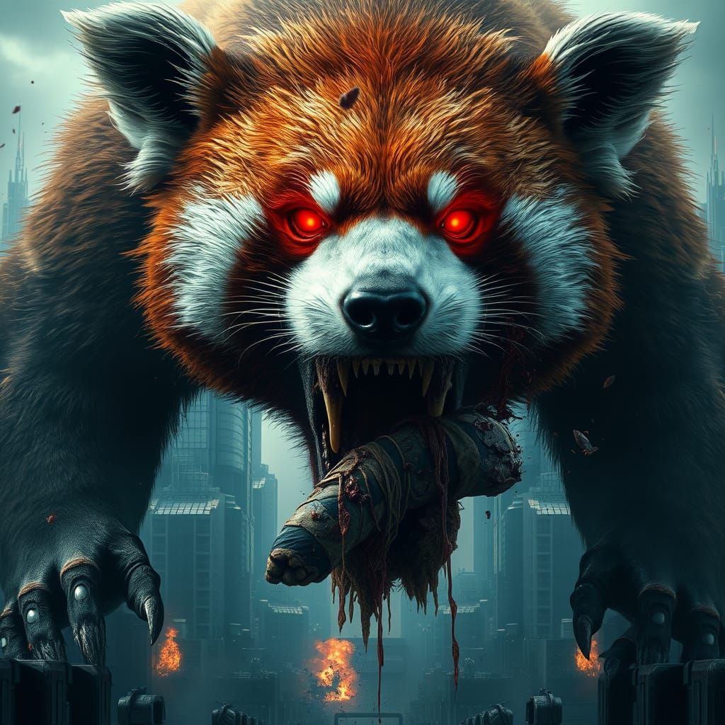 Giant Red Panda Attacks Futuristic City