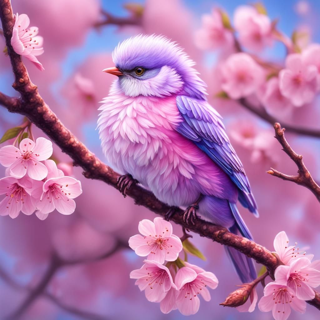 Luminescent Cherry Blossom Macro with Lilac Bird