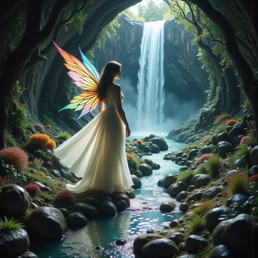 Bioluminescent Grotto Fairy in Pre-Raphaelite Style