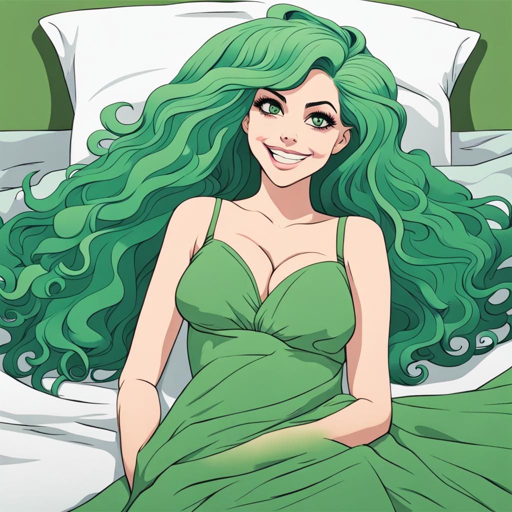 Giant Green-Haired Woman Smiling