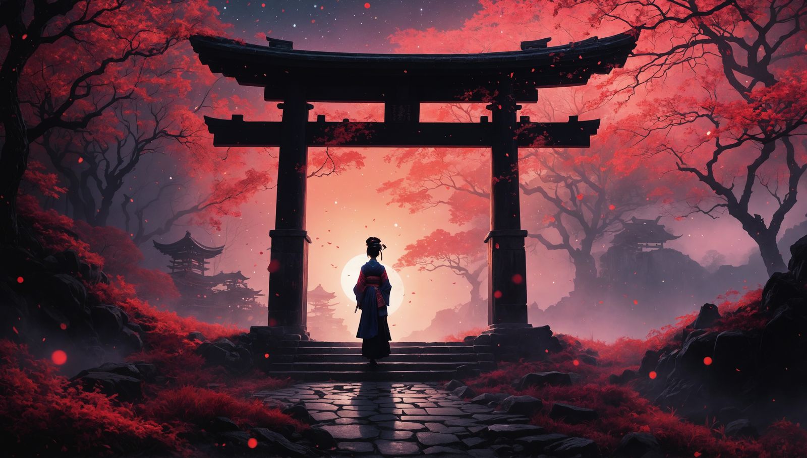 Geisha at Shinto Gate in Double Exposure Collage