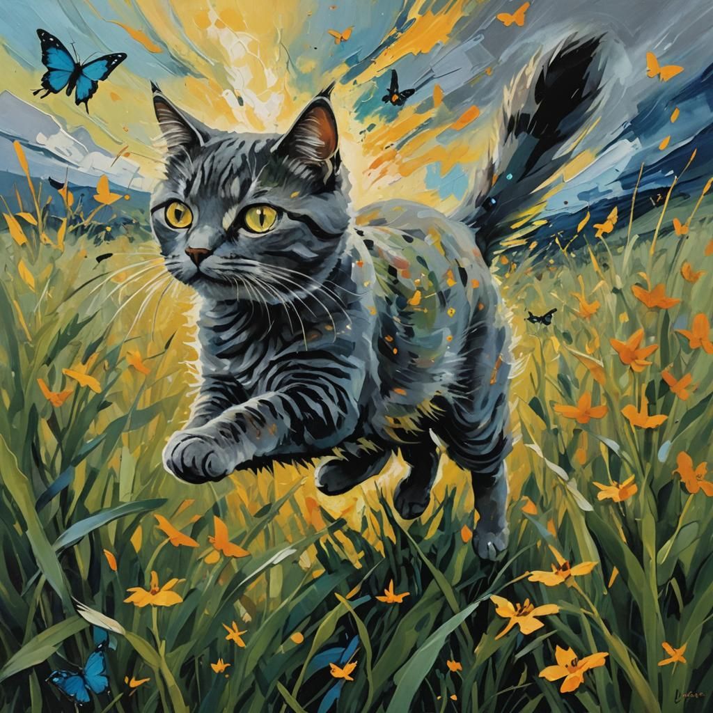 Expressionist Cat Pouncing in Swirling Prairie Field