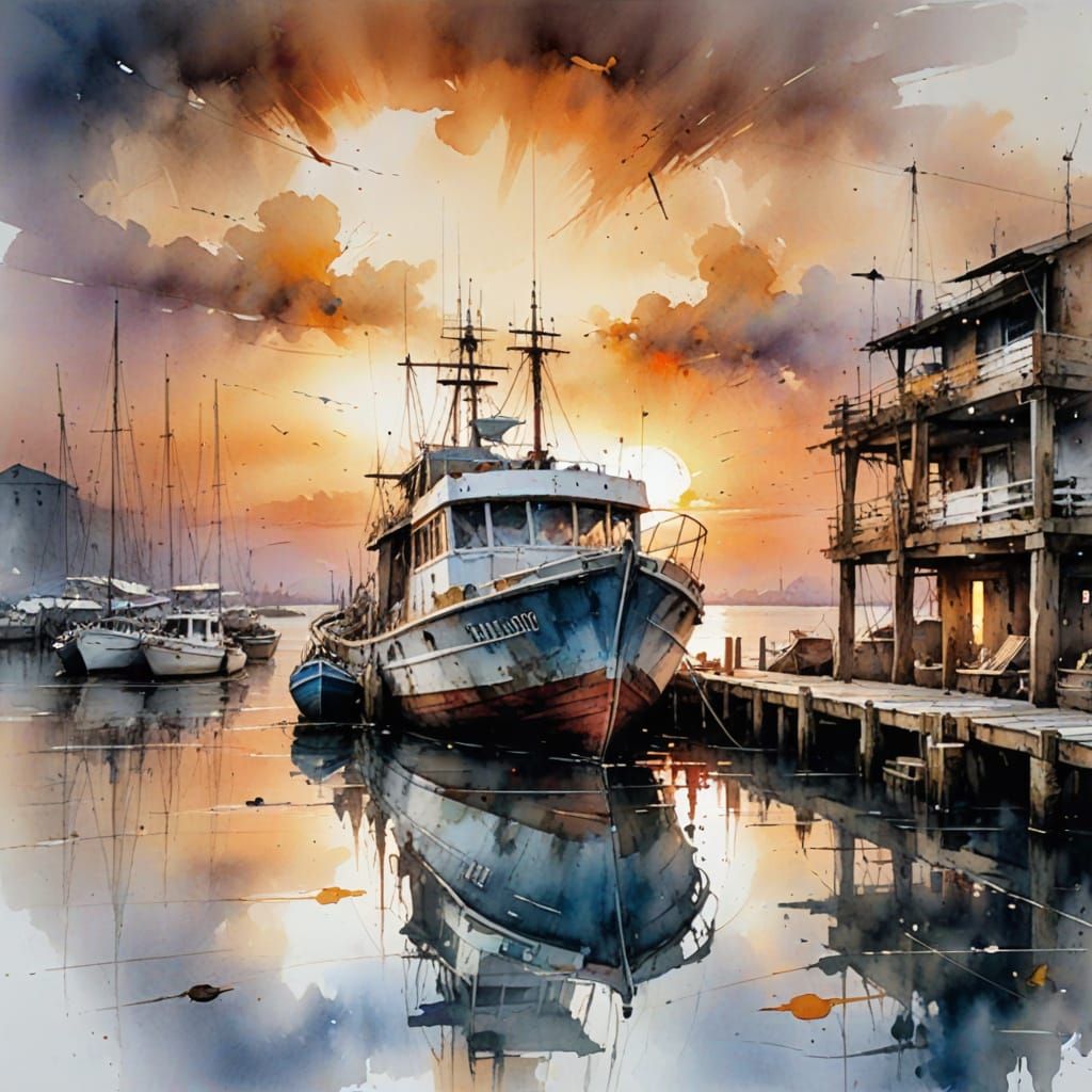 Old Boat at Dock in Watercolor Sunset