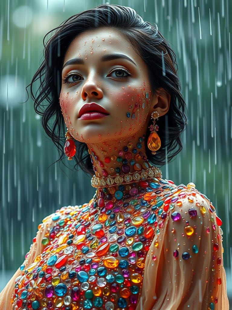 Gemstone Woman in Summer Rain, Airbrush Style