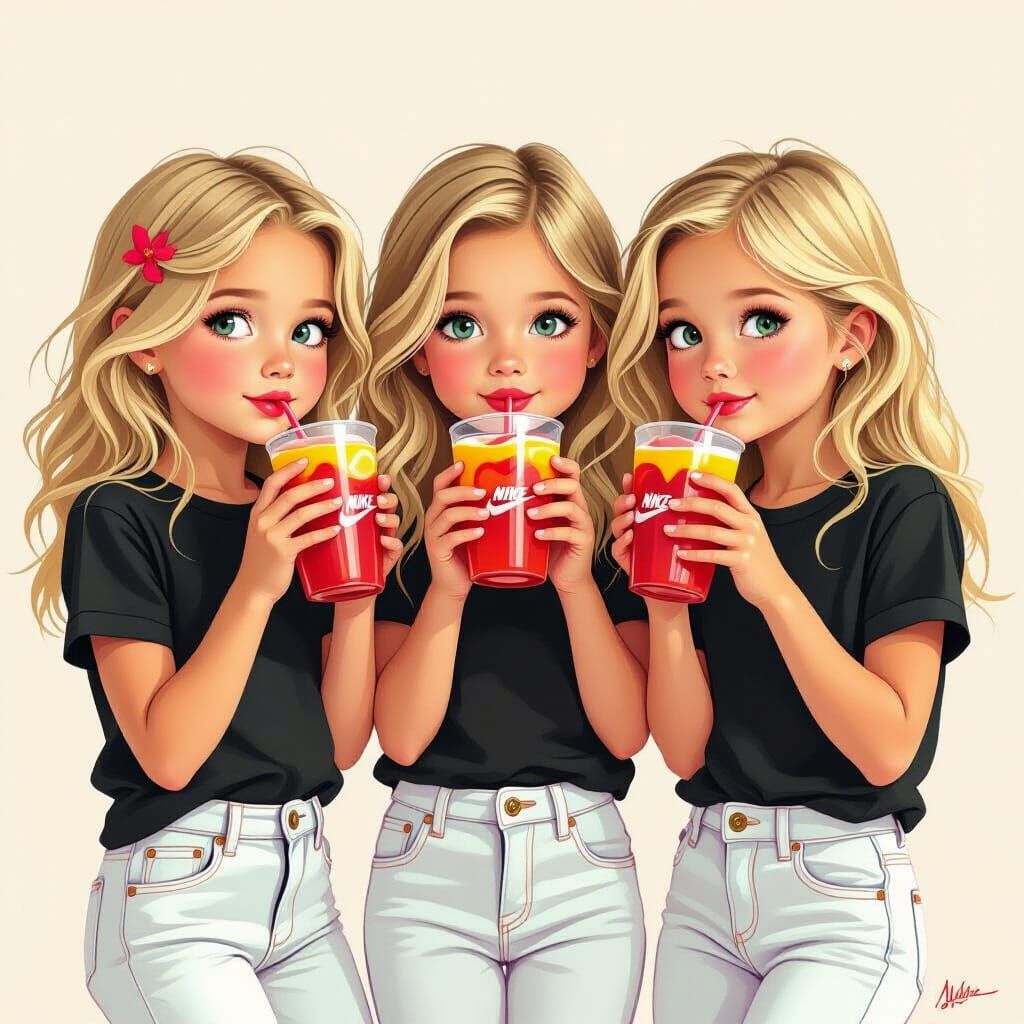 Three Twin Girls Enjoying Strawberry Banana Juice