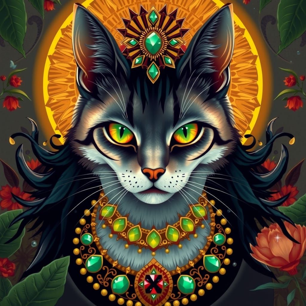 Ethereal Feline Goddess in Ancient Egyptian Art Nouveau Styl...