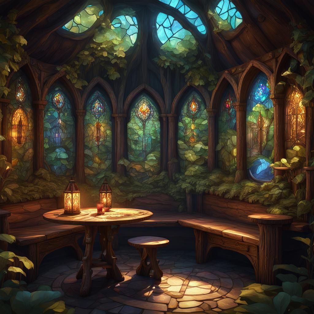 Cozy Fantasy Nook with Stained Glass, Matte Painting