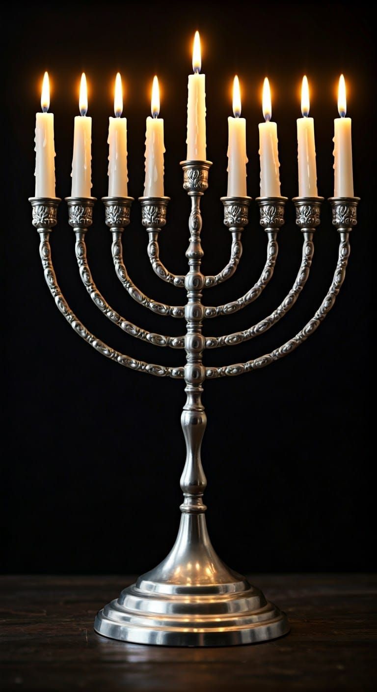 Majestic Silver Menorah Radiates Warmth in Photorealistic Gl...