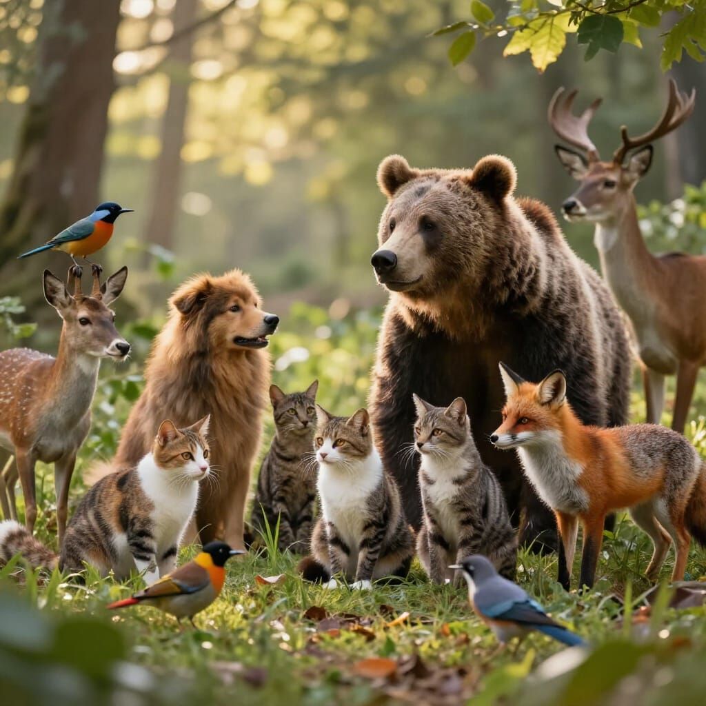 Diverse Animals Coexist in Sun-Dappled Forest Clearing