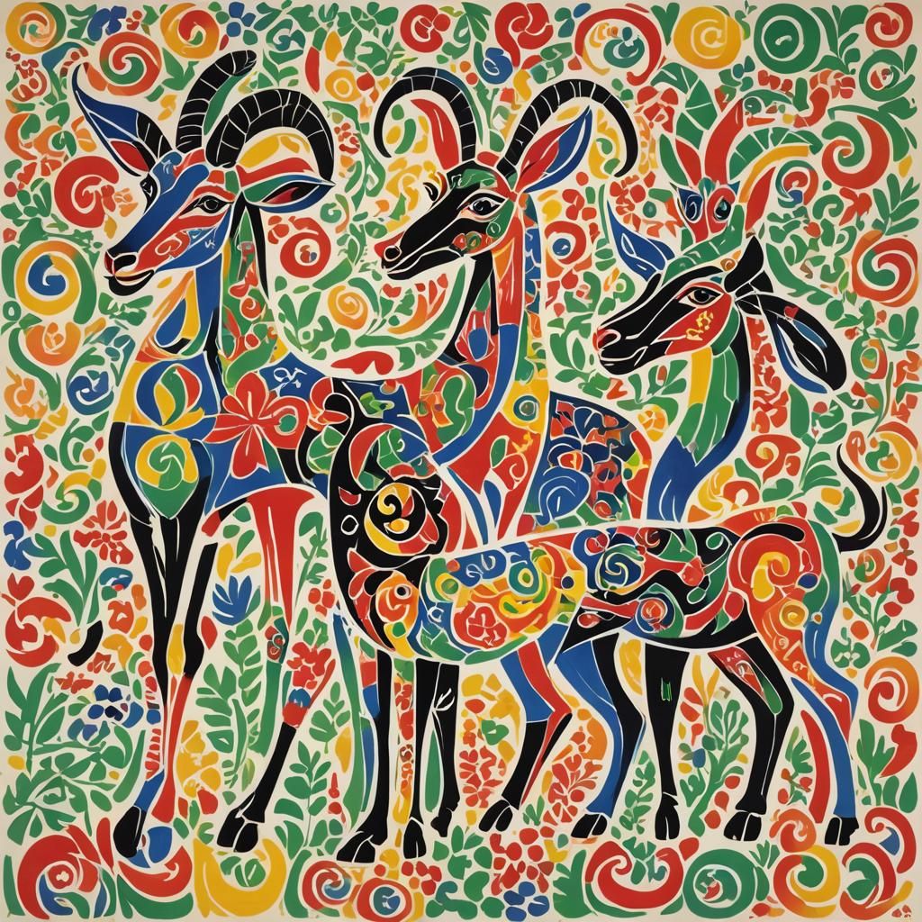 Abstract Goats in Cubist Style, Vibrant Colors