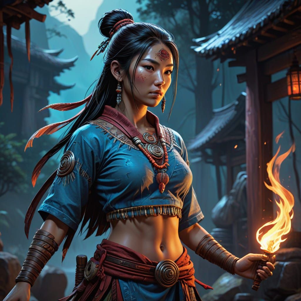 Ethereal Asian Shamaness in Vibrant Cel-Shaded Style