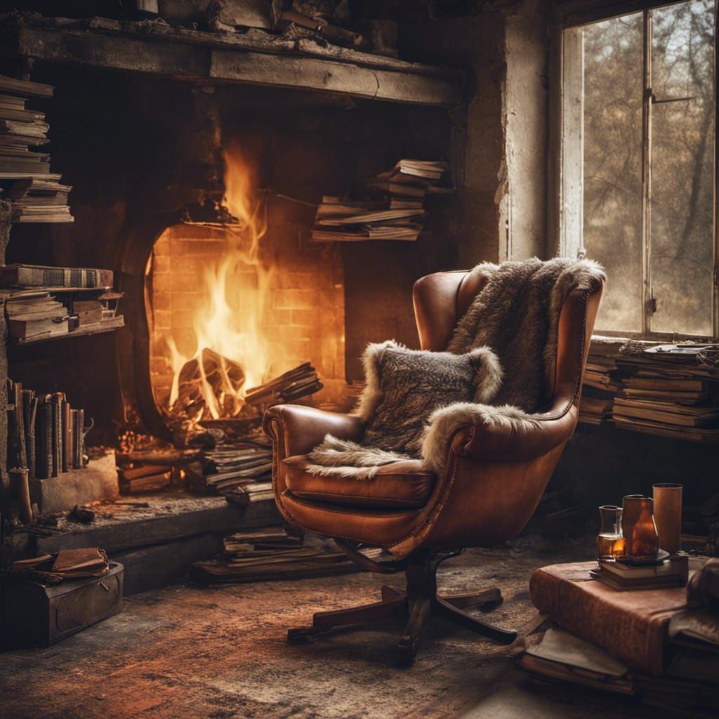 Post-Apocalyptic Armchair Beside Fireplace