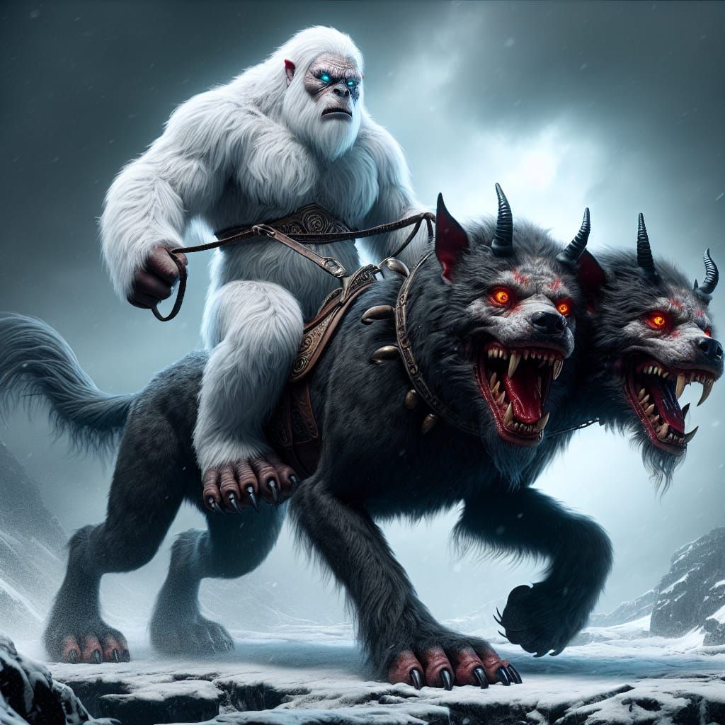 Yeti riding Cerberus