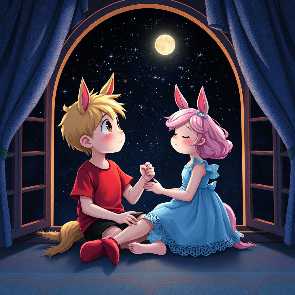 Children with Horse Ears Gaze at Starry Sky