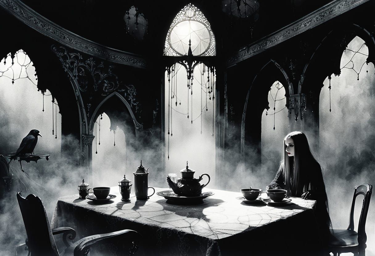 Goth Beauty in Whimsical Coffee Shop Reverie