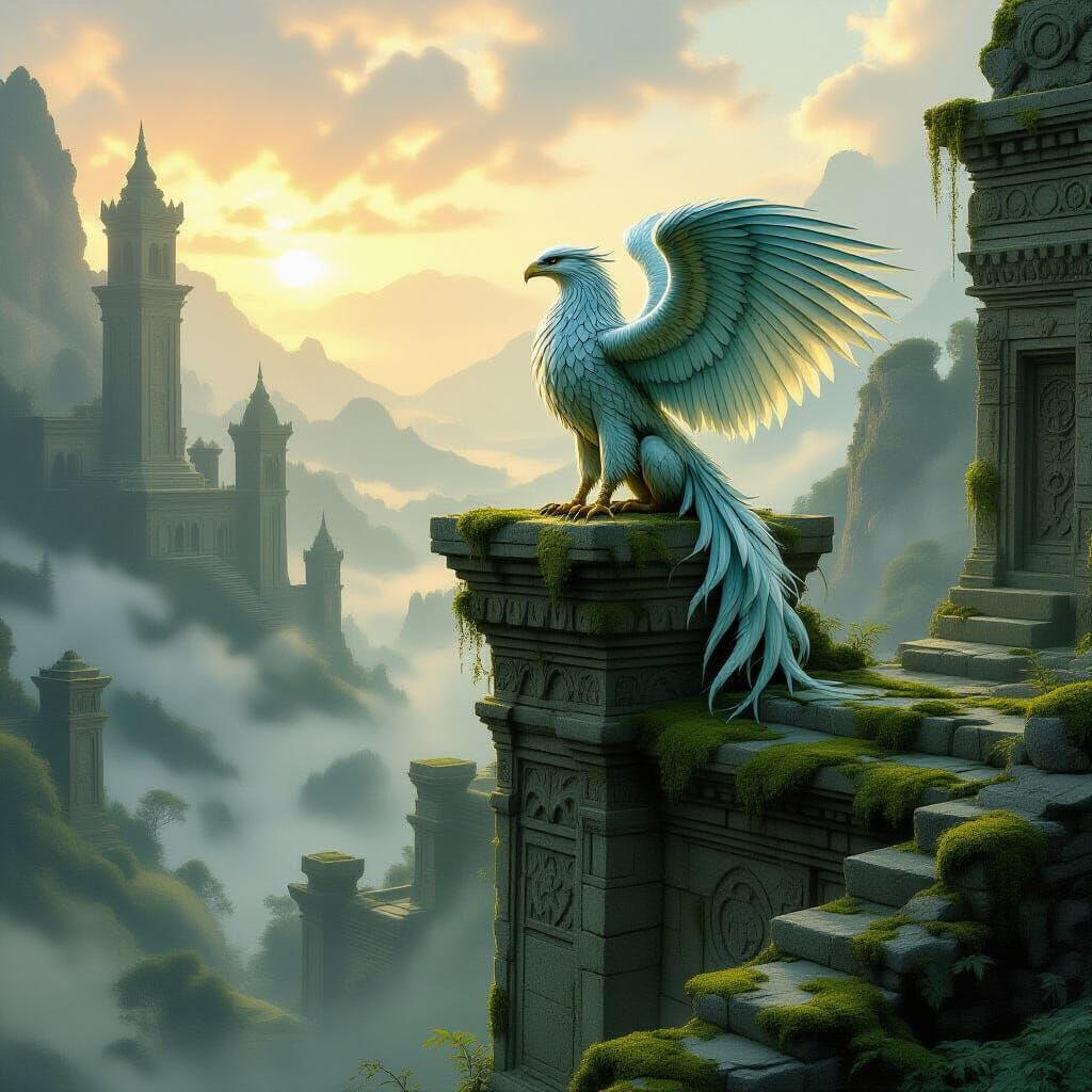 Majestic Griffin Overlooking Misty Valley at Dawn