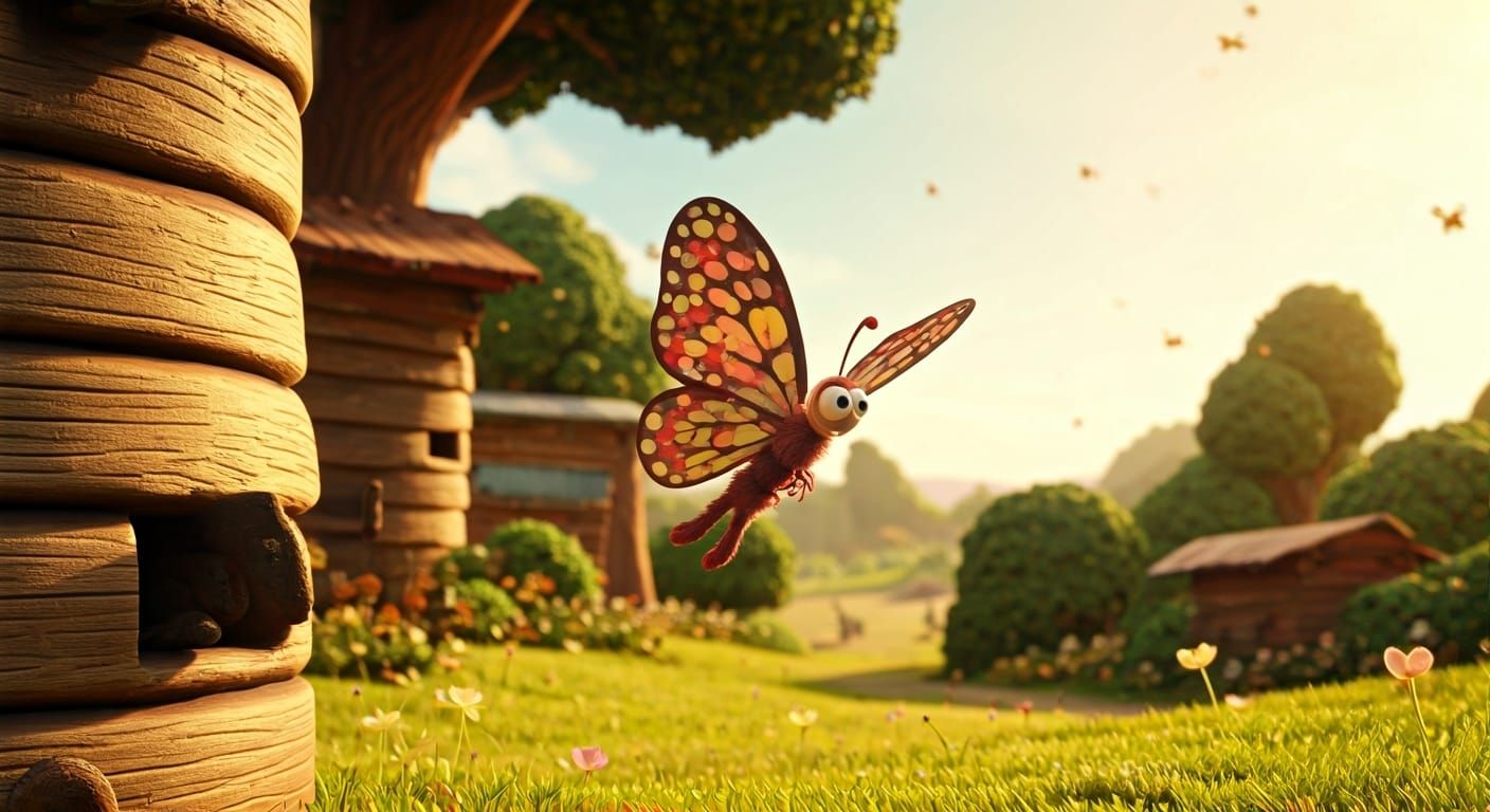 Animated Butterfly in Claymation Style Near Beehive