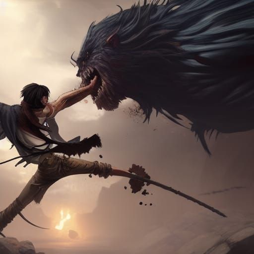 Eren Yeager vs Beast Titan: Dark Fantasy Concept Art