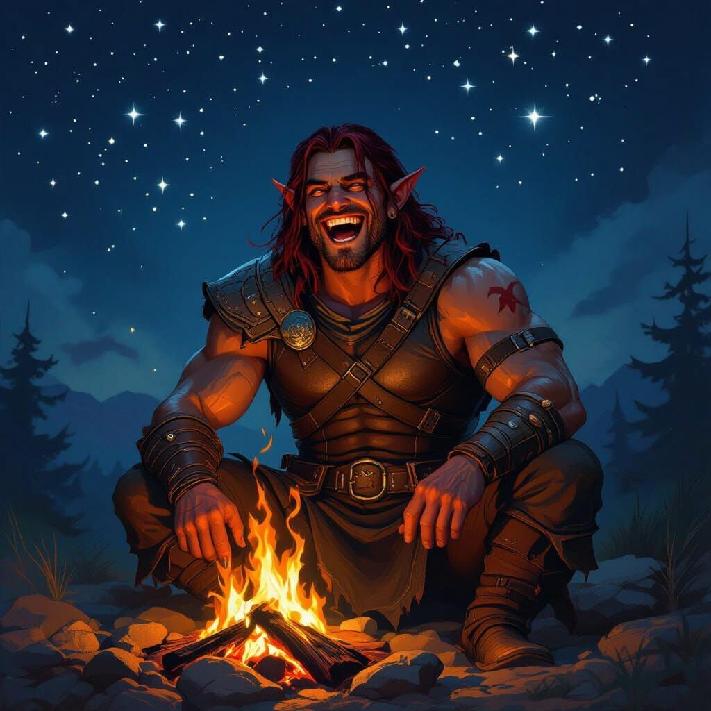 Tiefling Barbarian Campfire, in Fantasy Art Style