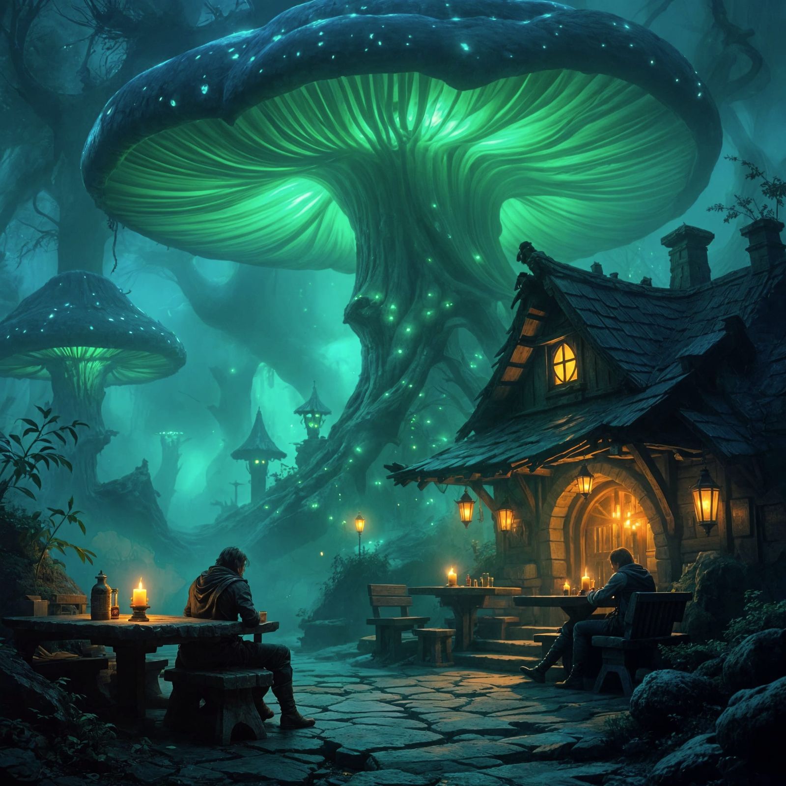 Ancient Tavern in Bioluminescent Mushroom Forest - Dark Fant...