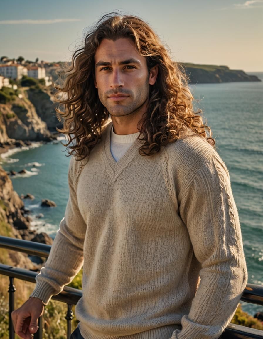 Realism Portrait of Man with Long Hair by Sea