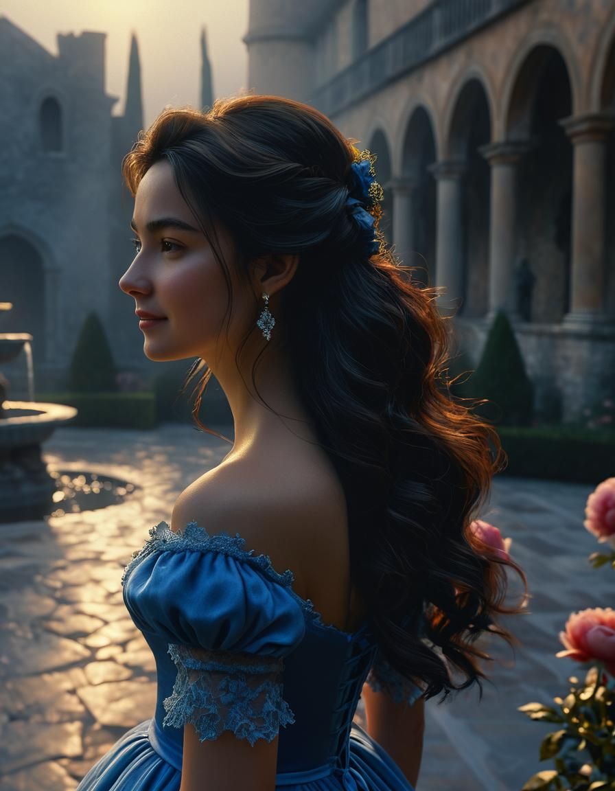 Renaissance Woman in Castle Courtyard, Oil Painting