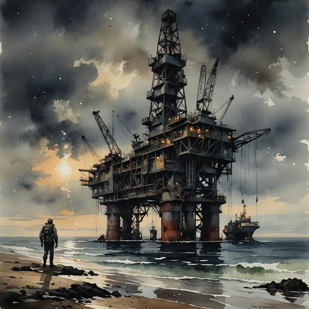 North Sea Oil Rig: Dark Moody Watercolor