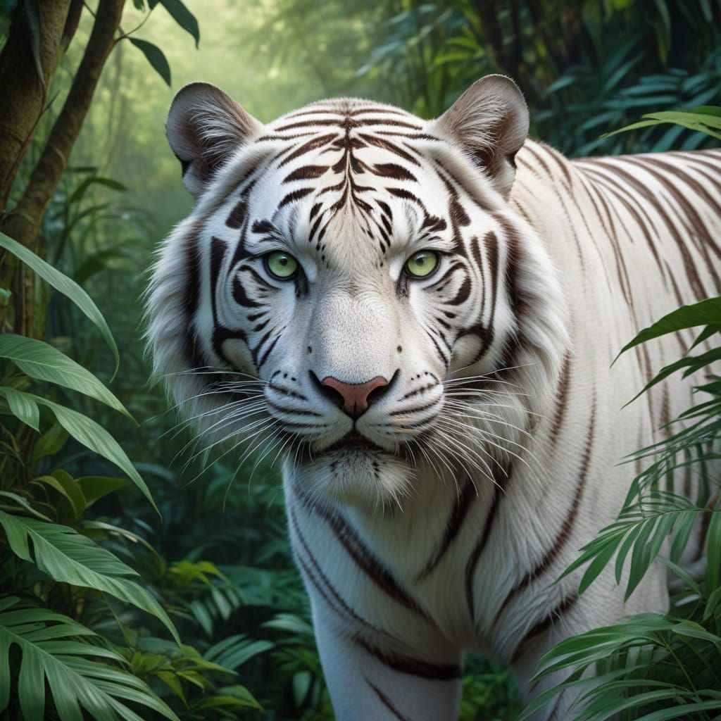 Majestic White Tiger in Vibrant Tropical Jungle