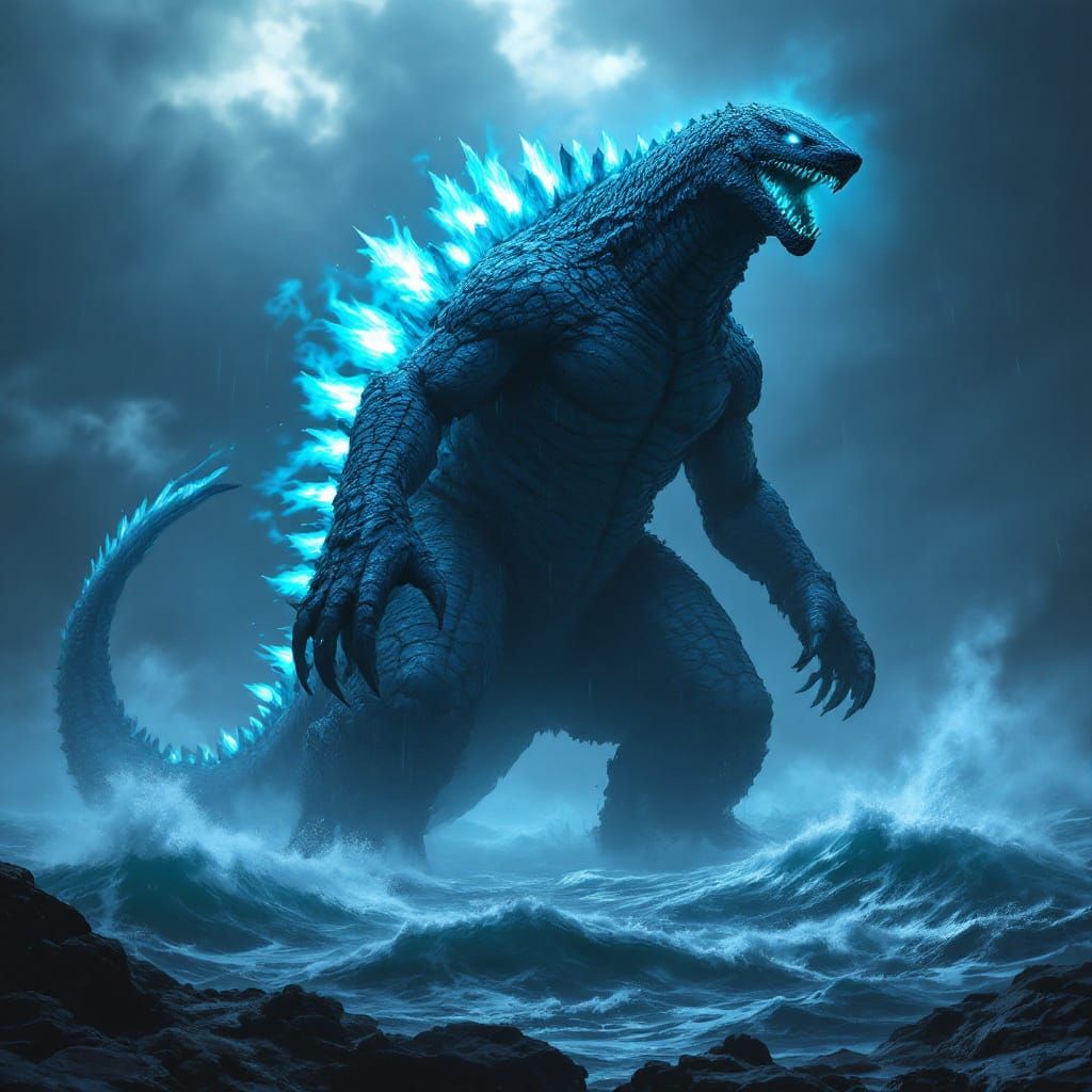 Gigantic Shark Kaiju Exuding Power in Stormy Ocean