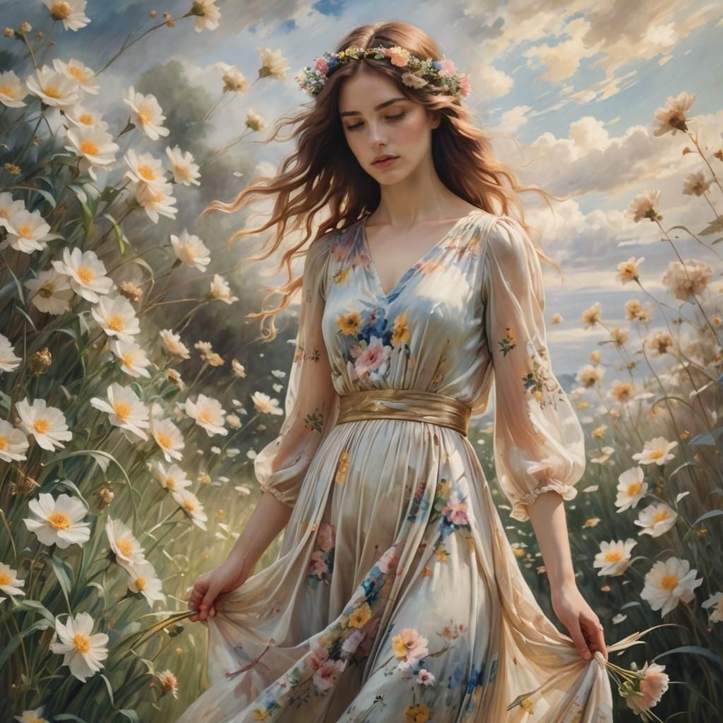 Dreamy French Woman in Silk Dress with Flowers