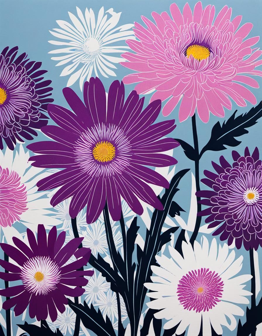 Textured Floral Lino Print of Chinese Asters