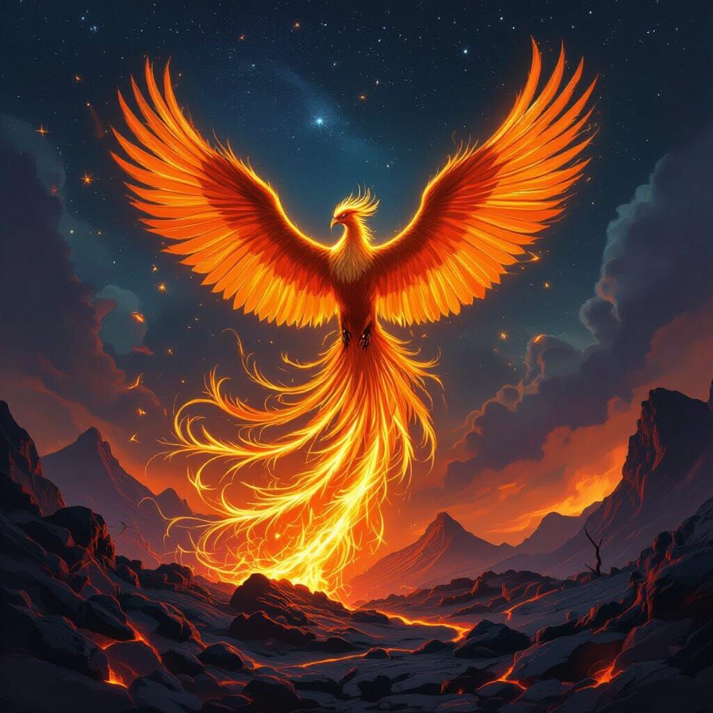 Majestic Phoenix Rises from Ashes in Fantasy Art