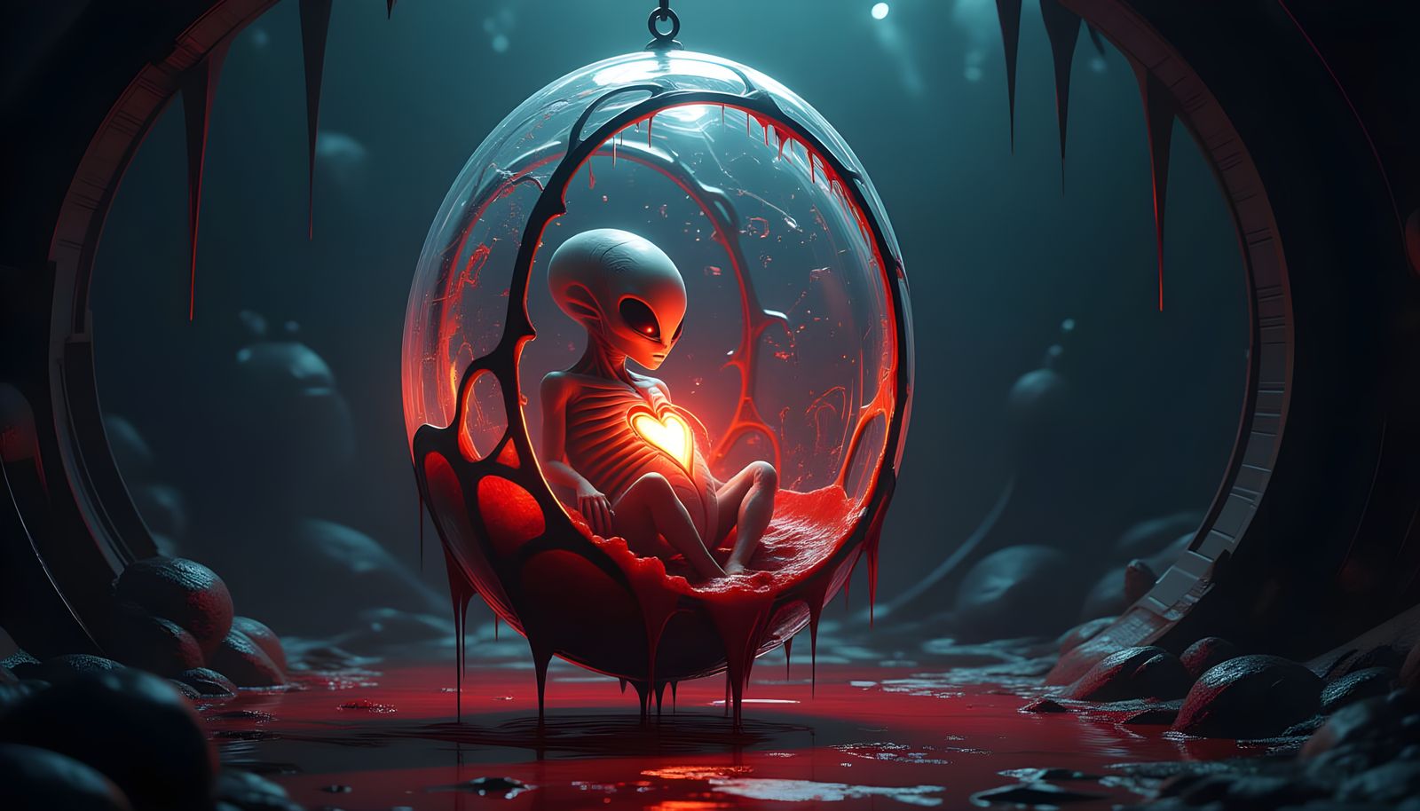 Menacing Alien Cocoon with Embryo in Hyper-Realism